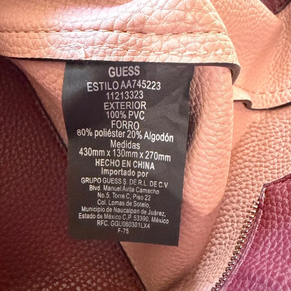 Guess Los Angeles Burgundy Pebbled Tote‎ Bag Perforated Logo Wine Red
